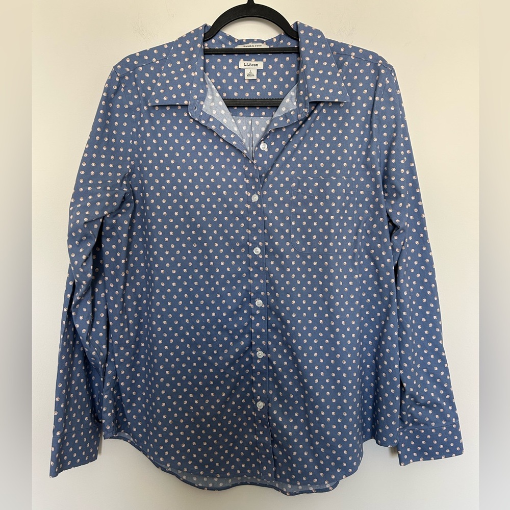 L.L.‎ Bean Wrinkle Free Button Shirt Blue Print Size Large Long Sleeve